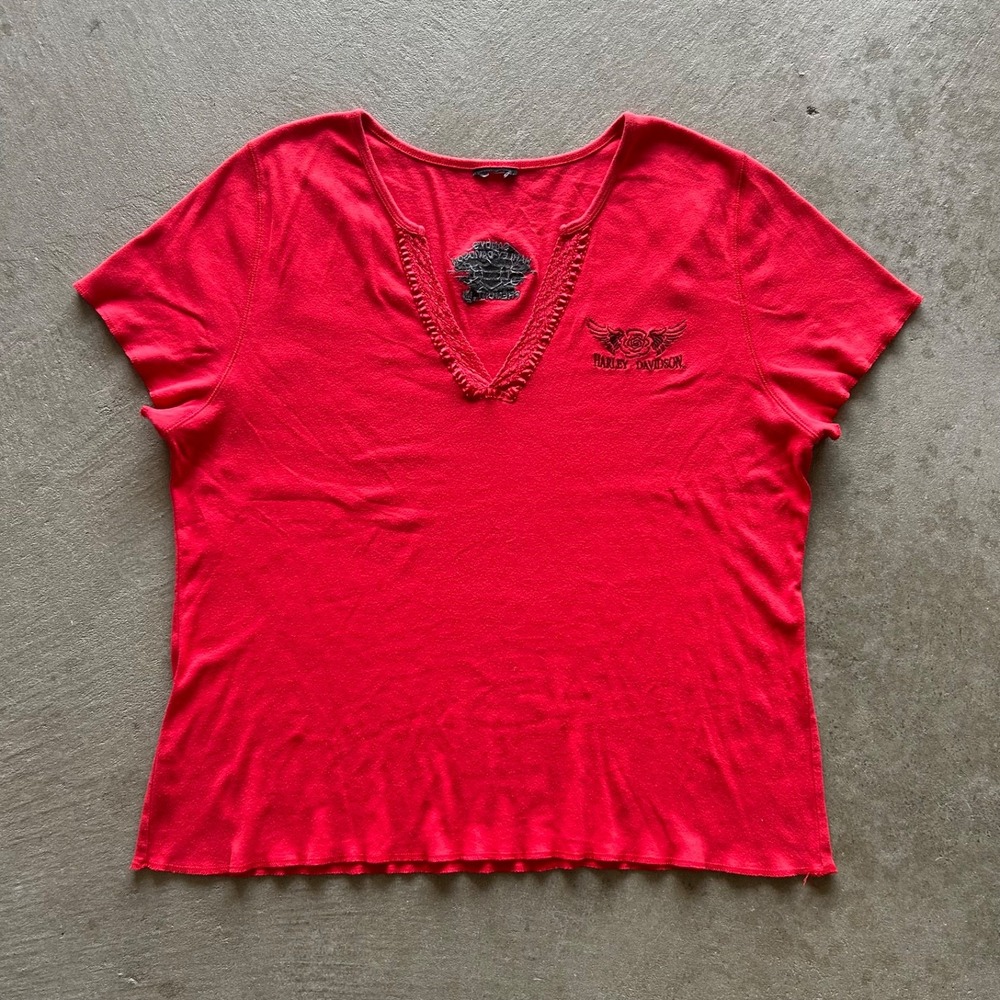 Vintage Harley Davidson Shirt Womens XL Red Notch Neck Embroidered Rose Fremont